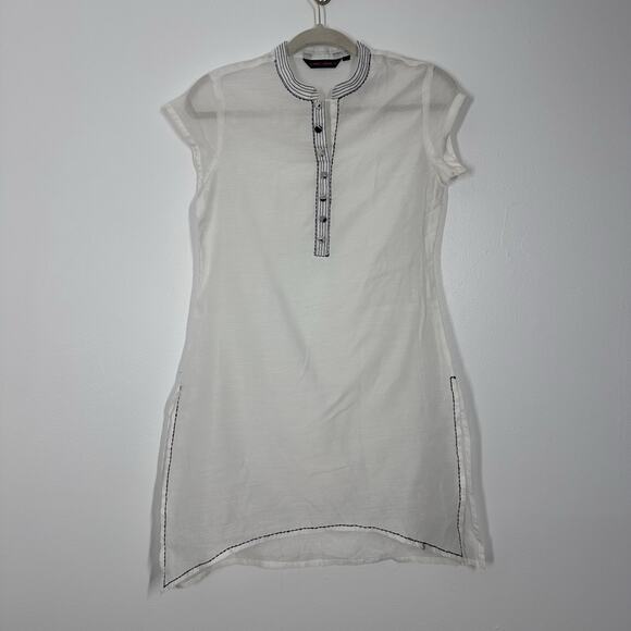 Rangmanch Womens S White Linen Cotton Black Trim Semi Sheer Tunic Lightweight - Picture 1 of 4
